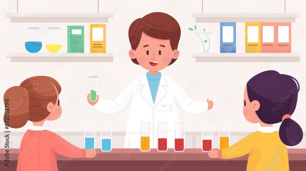 Engaging tutorial poster depicting a teacher conducting a science experiment, captivated students observing, colorful and lively classroom, hands-on learning experience Engaging tutorial poster depicting a teacher conducting a science experiment, captivated students observing, colorful and lively classroom, hands-on learning experience