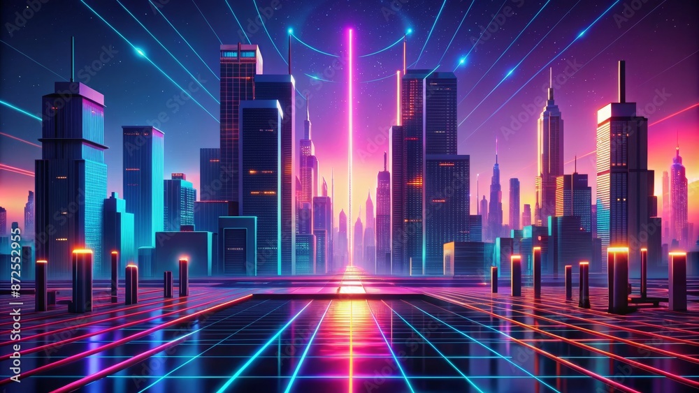 Neon Cityscape Retro Futuristic Skyline with Glowing Lines and Lasers Neon Cityscape Retro Futuristic Skyline with Glowing Lines and Lasers