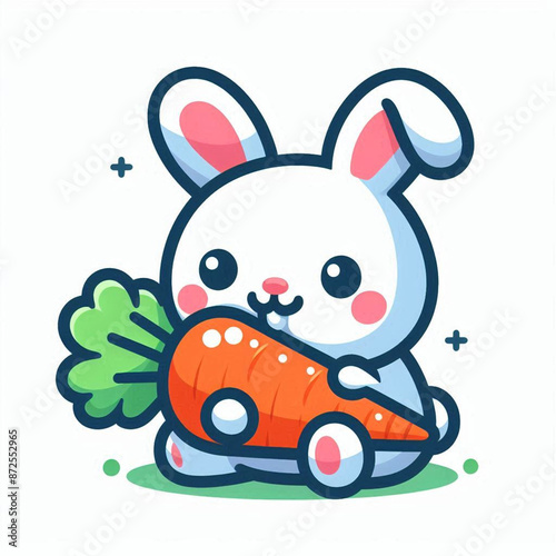 cute Rabbit Bite Carrot Cartoon Vector Icon Illustration with white background