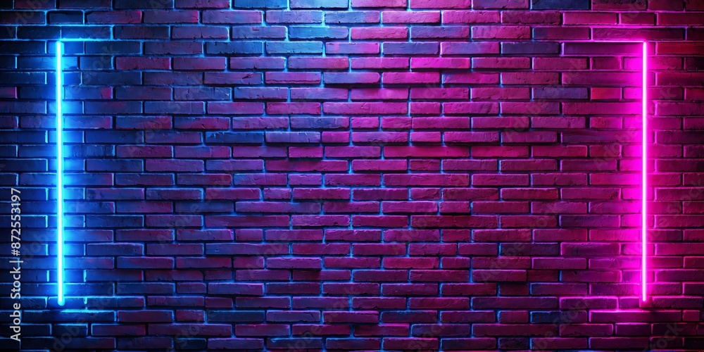 Neon Glow on Brick Wall - Blue and Pink Light Stripes Neon Glow on Brick Wall - Blue and Pink Light Stripes