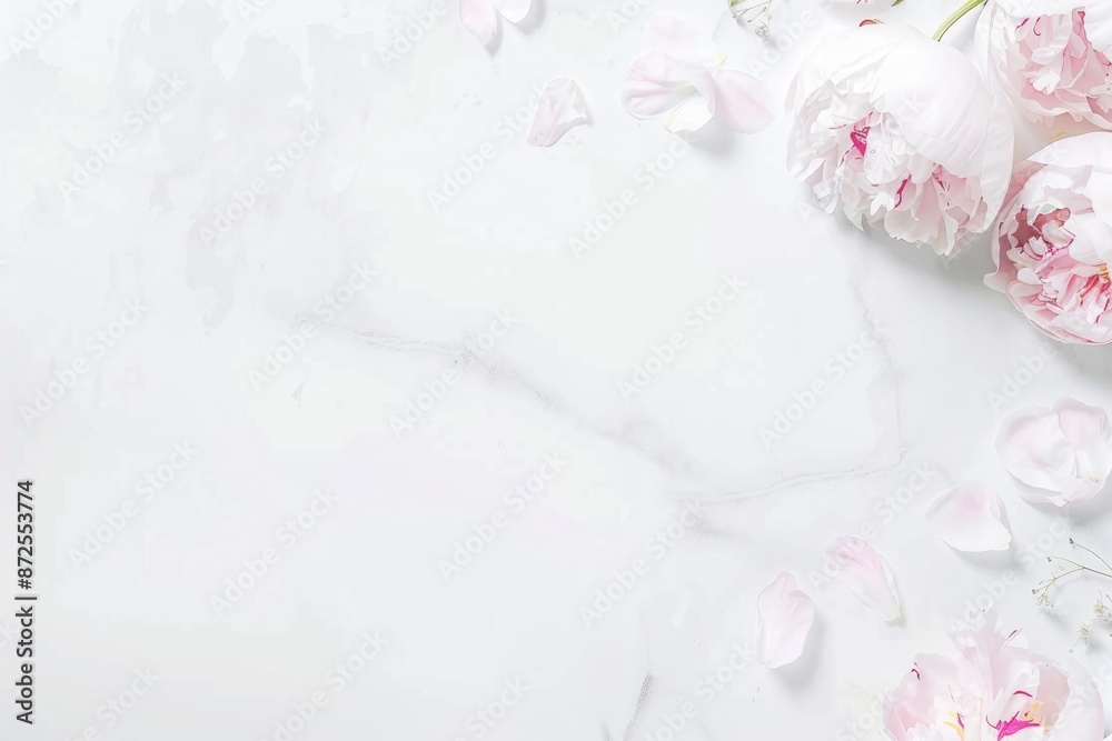 A close-up image of delicate pink peony petals scattered across a white marble surface. The soft petals create a beautiful and romantic scene A close-up image of delicate pink peony petals scattered across a white marble surface. The soft petals create a beautiful and romantic scene