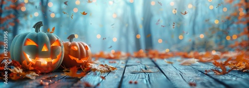 Lit Jack OLanterns Resting on Wooden Deck in Autumn Forest