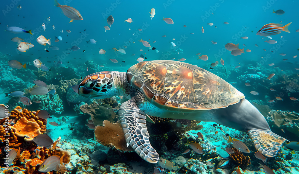 Fototapeta premium Sea Turtle Gracefully Navigates a Coral Reef