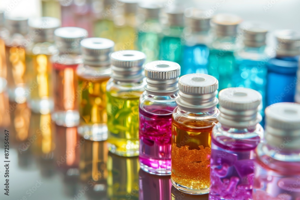 Colorful Bottles of Essential Oils in a Row Colorful Bottles of Essential Oils in a Row