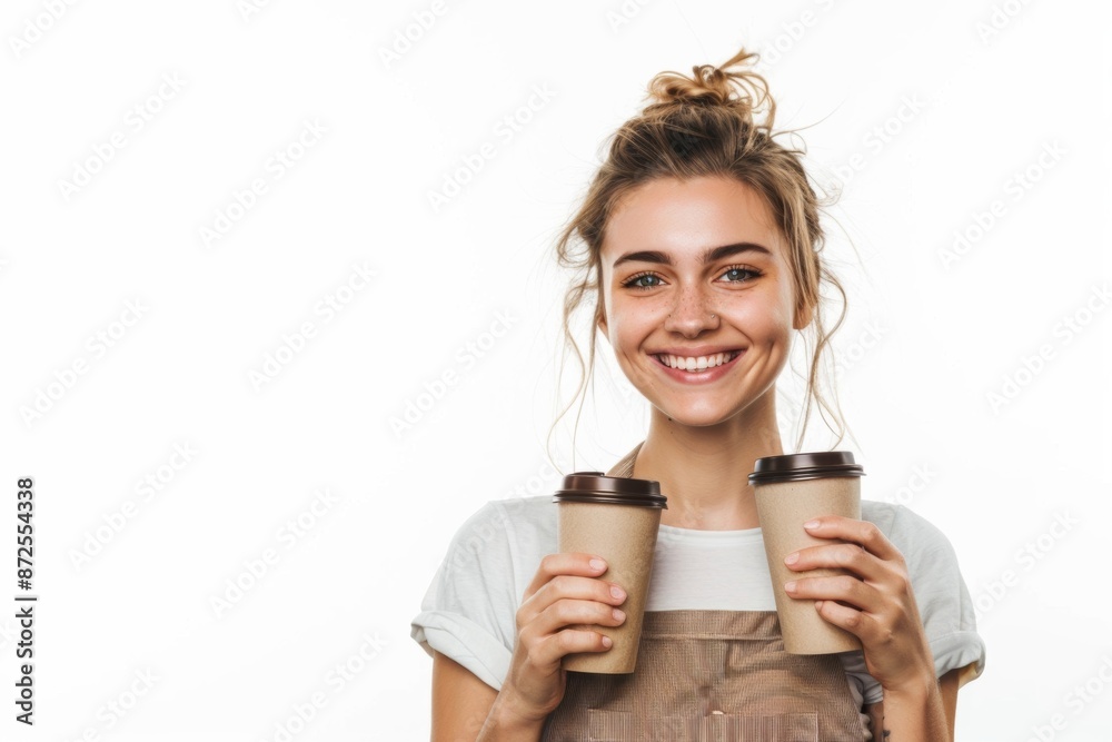 Cheerful barista holding a portable coffee cup Cheerful barista holding a portable coffee cup