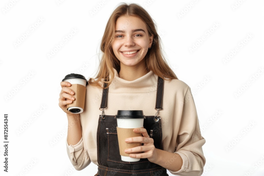 Cheerful barista holding a portable coffee cup Cheerful barista holding a portable coffee cup