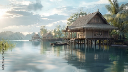 Serene lakeside huts on stilts amidst lush greenery, offering a peaceful retreat in nature with a scenic view of water and sky. © Aris Suwanmalee