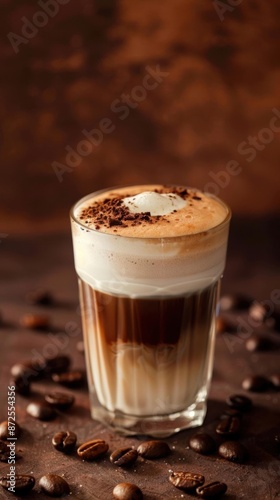 A coffee with frothed milk in a simple vertical glass tumbler