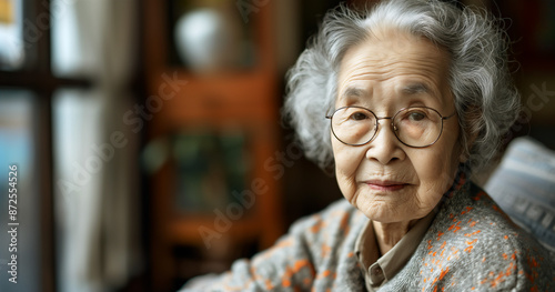 Close up portrait of elderly and frail Asian grandmother wearing glasses, cozy home background, retirement and assisted living concept, copy space