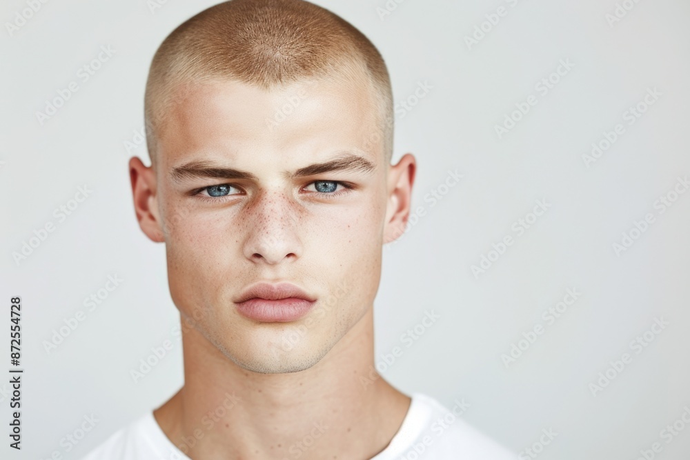 Obraz premium Confident Young Man with Short Hair and Piercing Gaze Studio Portrait