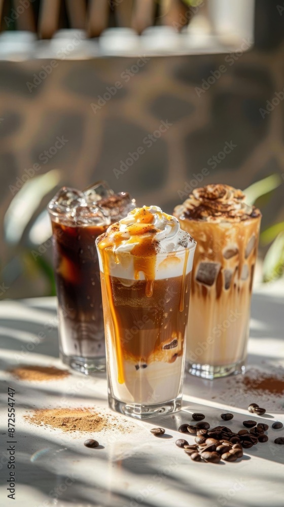 Ice coffee dripping caramel in a tall glass with cream poured over Ice coffee dripping caramel in a tall glass with cream poured over