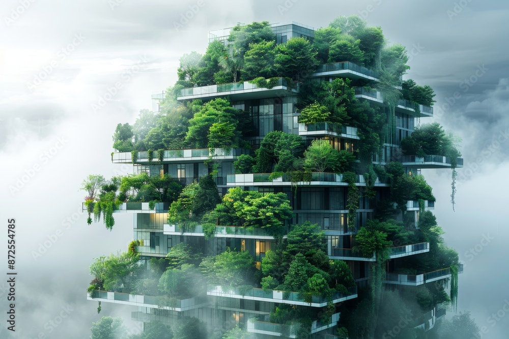 Panoramic view of buildings covered in vertical forests, integrating nature into urban architecture. Panoramic view of buildings covered in vertical forests, integrating nature into urban architecture.