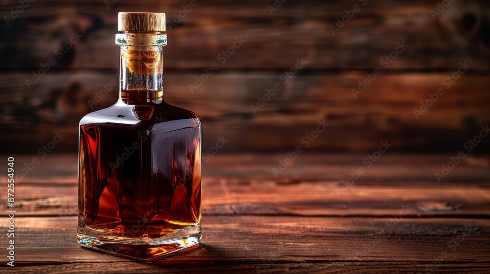 Bottle of brandy on a wooden table in a dark room Bottle of brandy on a wooden table in a dark room
