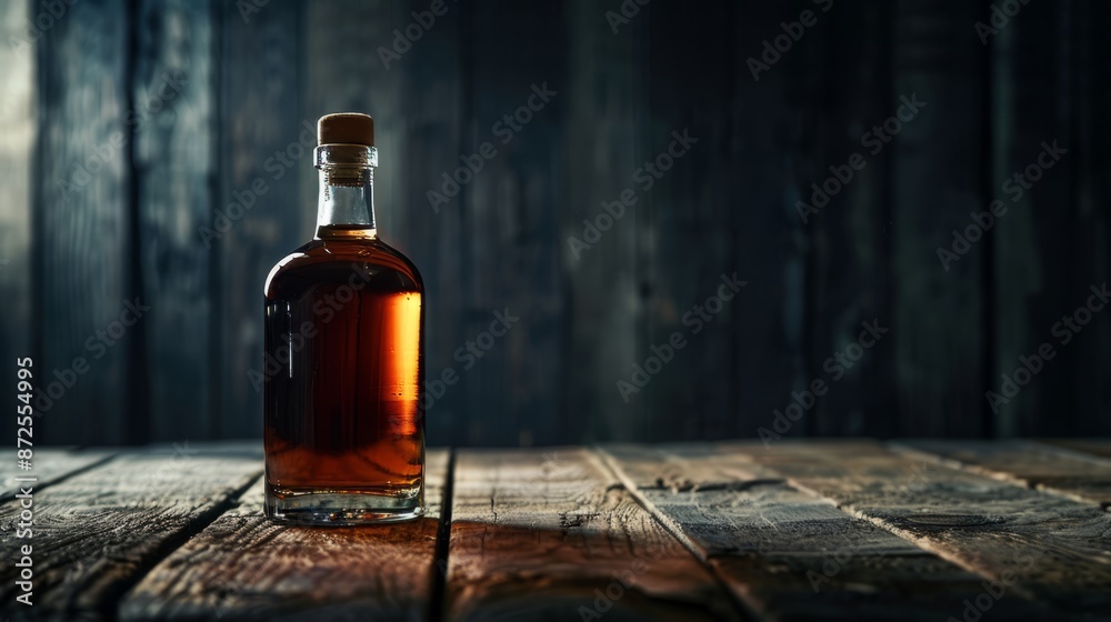 Bottle of brandy on a wooden table in a dark room