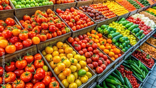 Vibrant display of freshly arranged tomatoes in varied sizes and colors fills a grocery store shelf, appealing to customers with its appetizing and healthy appearance.