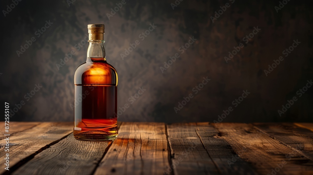 Bottle of brandy on a wooden table in a dark room Bottle of brandy on a wooden table in a dark room
