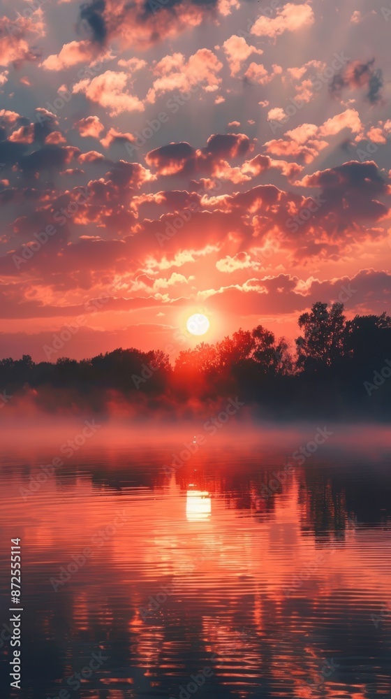 Fototapeta premium Stunning sunset over a tranquil lake with vibrant red, orange, and pink hues. Perfect for nature, landscape, and travel photography.