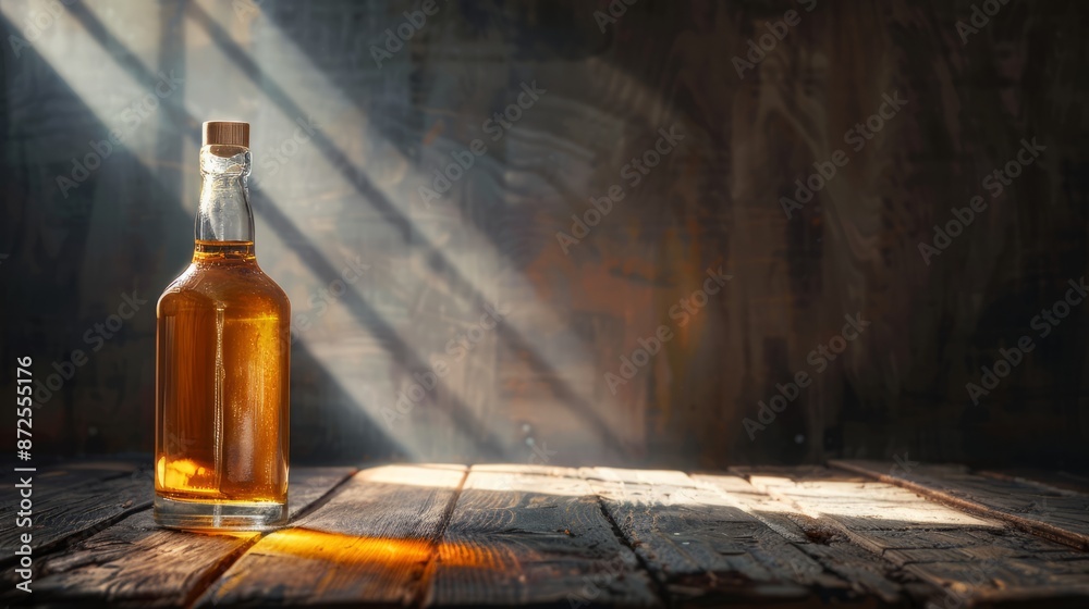 Bottle of brandy on a wooden table in a dark room Bottle of brandy on a wooden table in a dark room