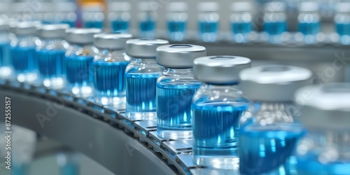 High-Tech Facility Conveyor Belt Laboratory Vials with Blue Liquid. Concept Conveyor Belt, Laboratory Equipment, High-Tech Facility, Vials, Blue Liquid