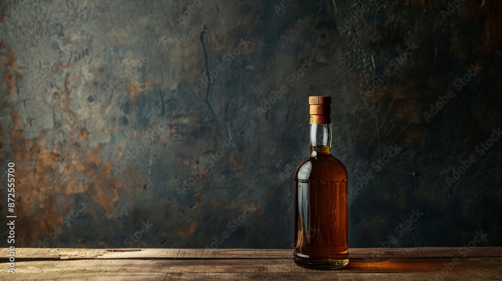 Bottle of brandy on a wooden table in a dark room Bottle of brandy on a wooden table in a dark room