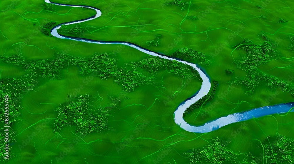 Fototapeta premium A green field with a river running through it.