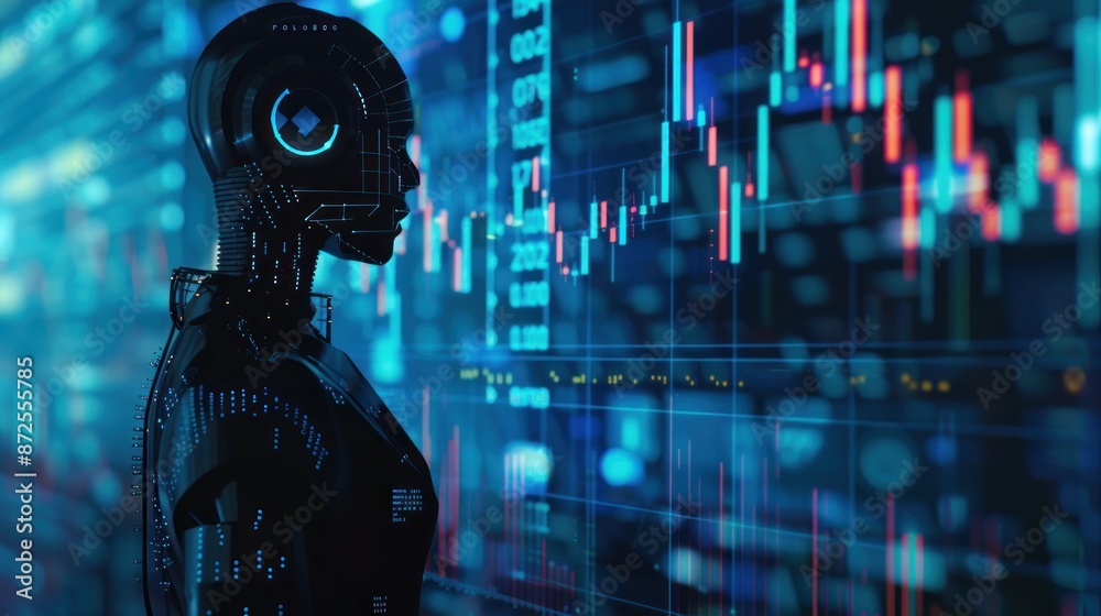AI Robot Analyzing Financial Data and Stock Market Charts, Concept of Artificial Intelligence in Finance, Algorithmic Trading, and Fintech AI Robot Analyzing Financial Data and Stock Market Charts, Concept of Artificial Intelligence in Finance, Algorithmic Trading, and Fintech