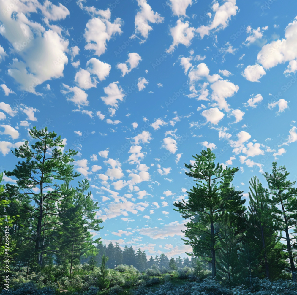 Obraz premium Beautiful blue sky and forest view, picture of clear sky with clouds beautiful view