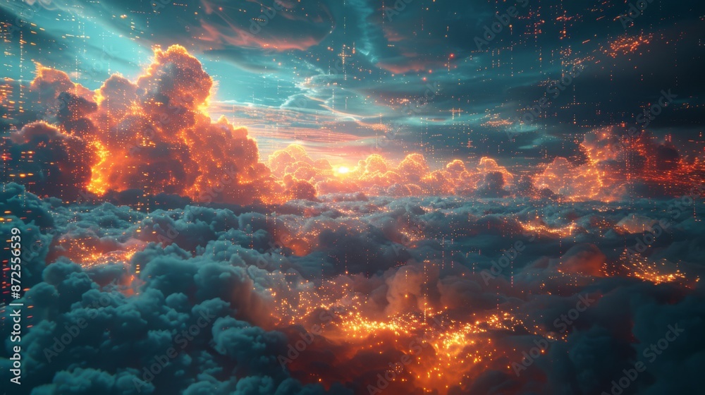 Obraz premium Digital clouds filled with visual representations of data files and folders, organized in a neat and orderly manner