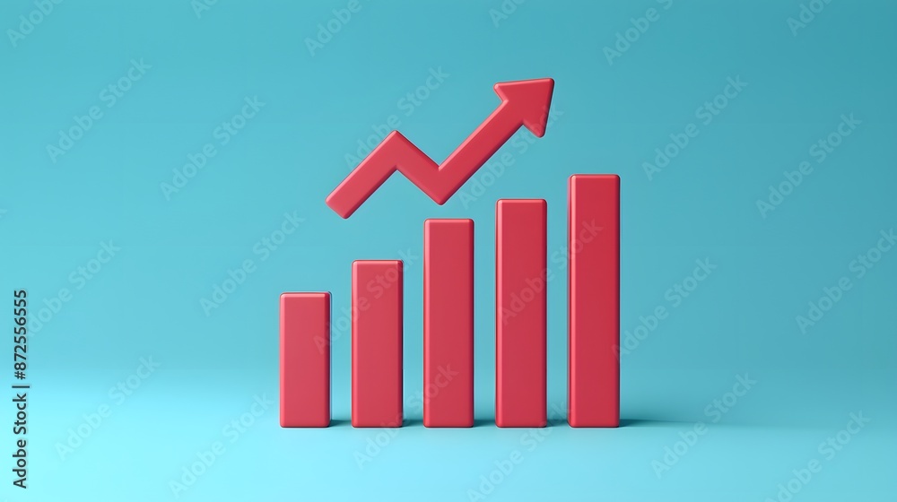 Red bar chart with upward arrow on a blue background symbolizing growth and success in business, finance, and statistics. 3D Illustration. Red bar chart with upward arrow on a blue background symbolizing growth and success in business, finance, and statistics. 3D Illustration.