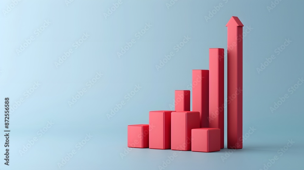 Red bar graph chart on a blue background, representing growth and progress in business or data analysis. 3D Illustration. Red bar graph chart on a blue background, representing growth and progress in business or data analysis. 3D Illustration.