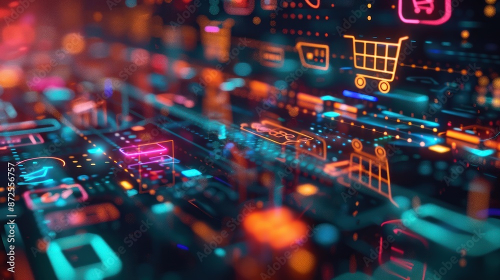 Obraz premium Futuristic E-commerce Concept. Glowing icons of shopping carts, online payments, and digital marketing represent online shopping and digital marketplace