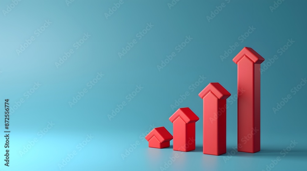 Red rising arrow chart on blue background symbolizing business growth, success, progress, and financial improvement concept. 3D Illustration. Red rising arrow chart on blue background symbolizing business growth, success, progress, and financial improvement concept. 3D Illustration.