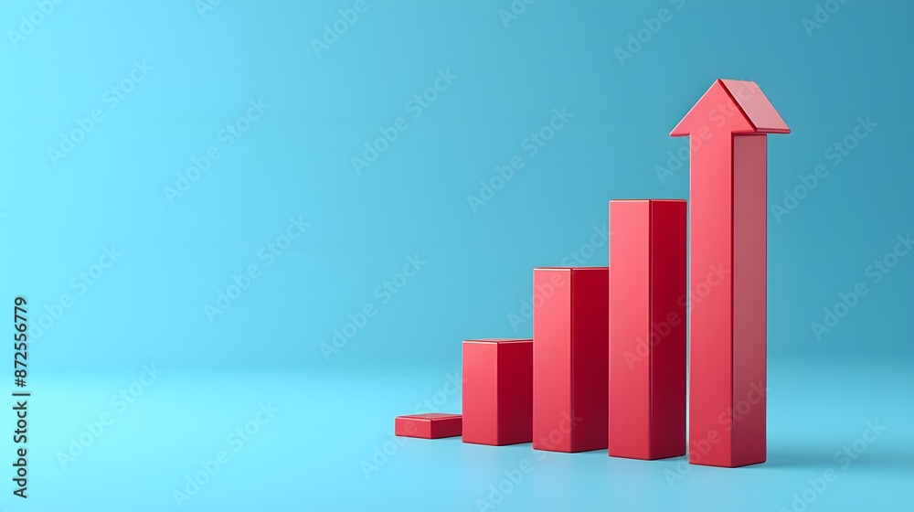 Red upward graph with arrow showing business growth or success on blue background. Represents progress, improvement and financial increase. 3D Illustration. Red upward graph with arrow showing business growth or success on blue background. Represents progress, improvement and financial increase. 3D Illustration.