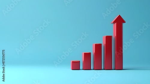 Red upward bar graph on a blue background, symbolizing growth, success, and positive financial trend in business or marketing concept. 3D Illustration.