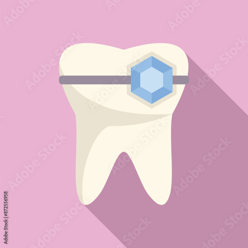 White tooth with brace and shiny brilliant crystal, decorated tooth