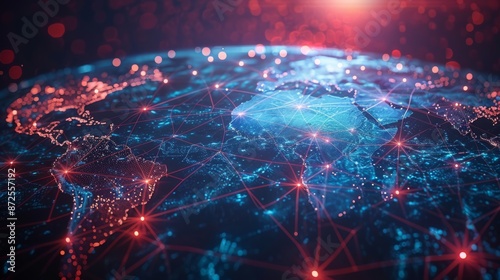 Digital world map, concept of global network and connectivity, high speed data transfer and cyber technology, business exchange, information and telecommunication, with curved arch lines 