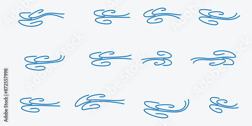 Wind blow line icon. Snow blowing line icon set. snowflake cold breeze vector icon. blow snow wind sign. blowing snowstorm cold air vector icon for UI designs. Wind vector.