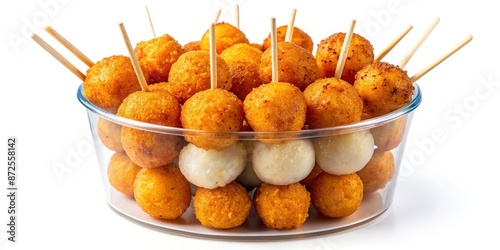 Crunchy orange battered quail eggs and dark brown fish balls on sticks, served in a clear plastic cup, on a clean white isolated background. photo