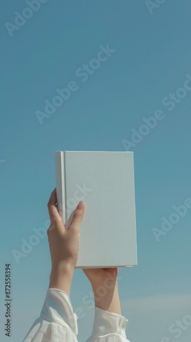 Hands holding up a blank white book against a blue sky. Concept of reading, education, knowledge, storytelling, and new beginnings.