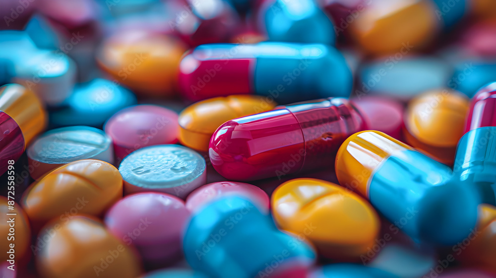 Detailed close up shot of an assortment of colorful pharmaceutical capsules with intricate textures and reflections set against a soft blurred backdrop in a minimalist clinical studio setting Detailed close up shot of an assortment of colorful pharmaceutical capsules with intricate textures and reflections set against a soft blurred backdrop in a minimalist clinical studio setting
