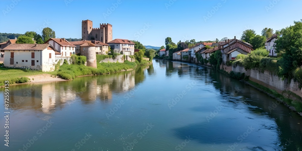 Serene river meanders through charming village with historic stone buildings and castle. Concept Riverside scene, Historic architecture, Charming village, Castle, Serenity Serene river meanders through charming village with historic stone buildings and castle. Concept Riverside scene, Historic architecture, Charming village, Castle, Serenity