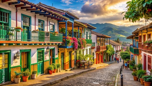 Vibrant colorful streets of Salento Colombia bathed in warm sunlight, adorned with lush greenery, quaint coffee shops, and rustic wooden facades, evoking cozy coffee time ambiance.