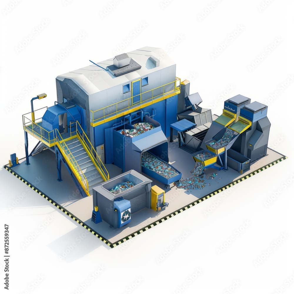 3D Render of a recycling facility with sorting machines, on isolated white background, Generative AI 3D Render of a recycling facility with sorting machines, on isolated white background, Generative AI