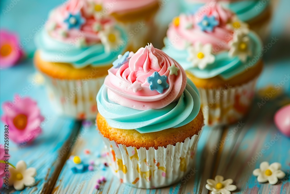 A close up of cupcakes with pink and blue frosting. A close up of cupcakes with pink and blue frosting.