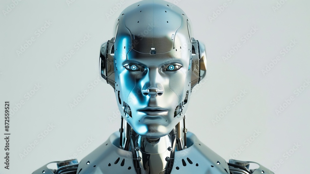 A robot with a silver face and eyes. A robot with a silver face and eyes.