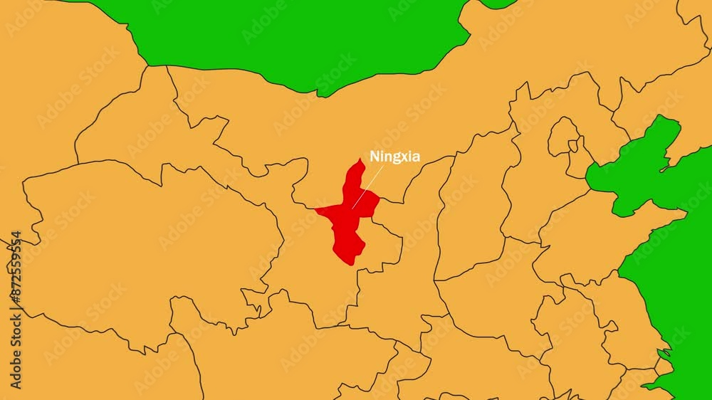 Ningxia map animated video. Ningxia location is highlighted on the China map colour with Green srcreen background in video format.