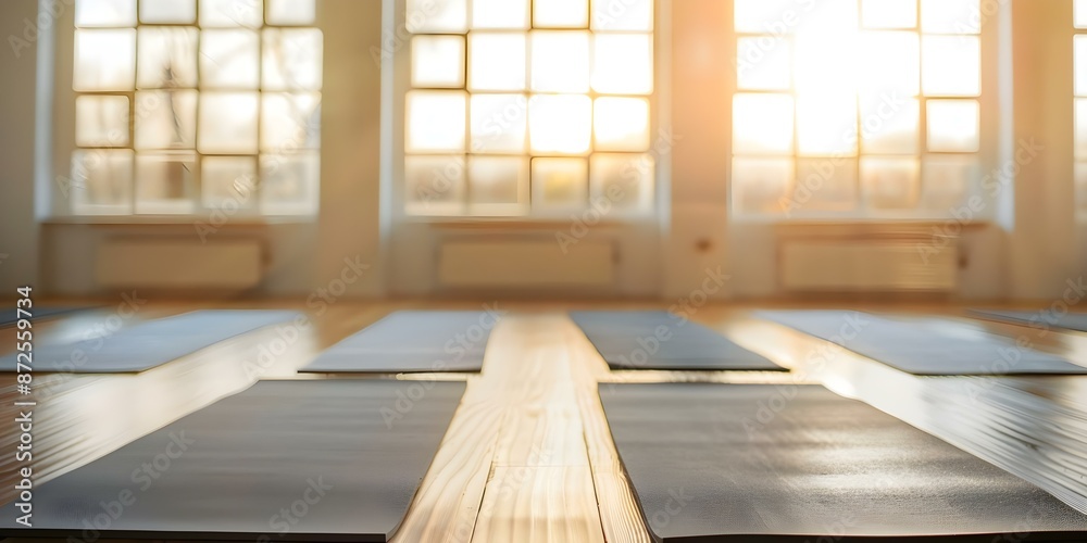 Fototapeta premium Tranquil Yoga Studio with Sunlit Windows, Wooden Floors, and Aligned Mats. Concept Yoga Studio, Tranquil Setting, Sunlit Windows, Wooden Floors, Aligned Mats