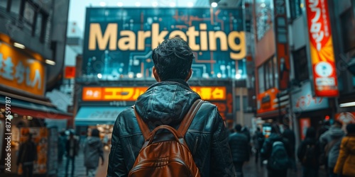 A man looking at the word "Marketing" on a large digital billboard in a bustling cityscape, with dynamic visuals and graphs displaying market trends and consumer insights