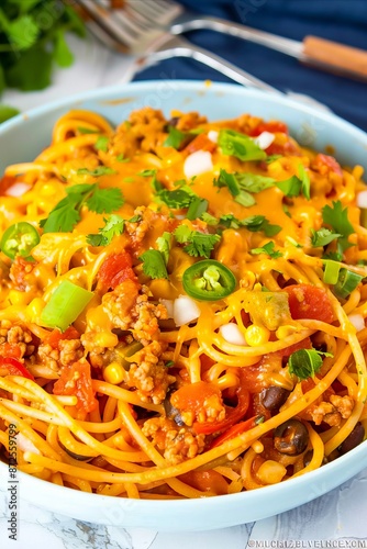 A bowl of spaghetti with meat and cheese. photo