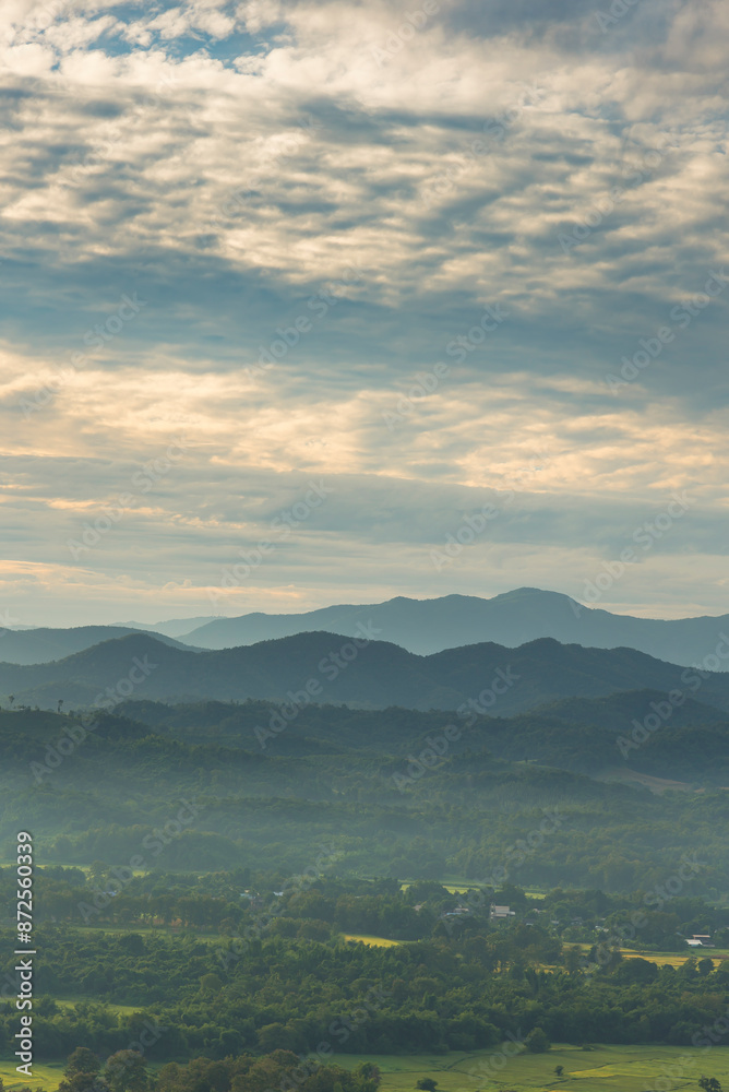 Vertical Beautiful Mountain landscape foggy windy mountain range green landscape asian farm. Vertical Amazing Landscape mountain green field meadow white cloud blue sky sunrise. Countryside scenery